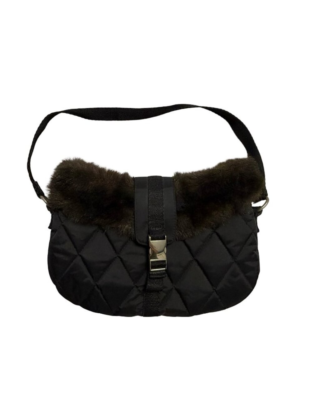 Bath & Body Works Black Quilted Faux Fur Shoulder Bag Purse 11x7